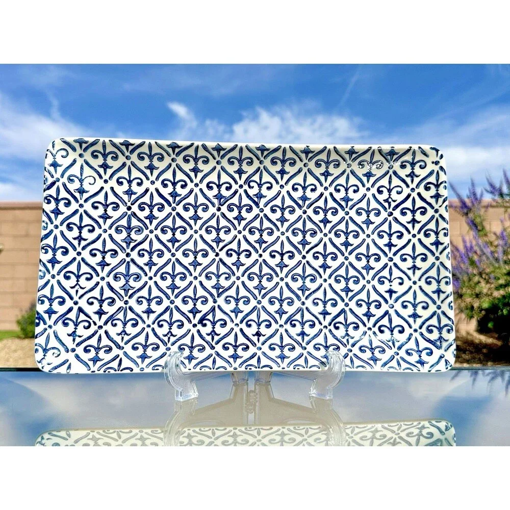 Sur la Table Fleur de Lis Rectangular Cobalt Blue & White Serving Platter Tray